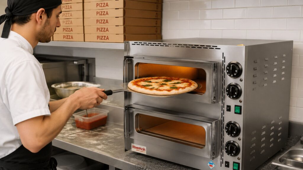 Pizzero metiendo la pizza en eun horno doble