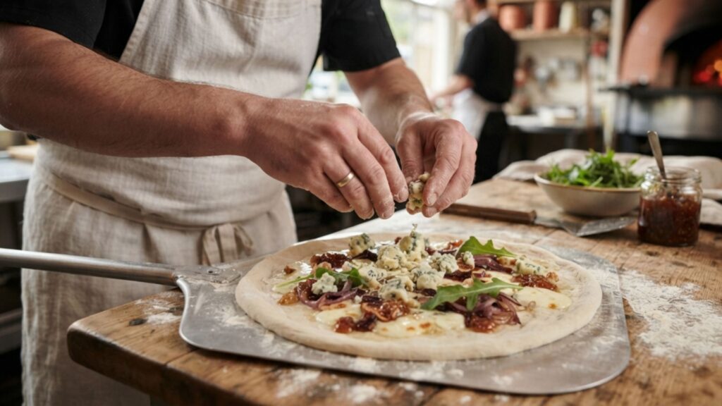 maestro pizzero poniendo queso azul en una pizza antes de hornear